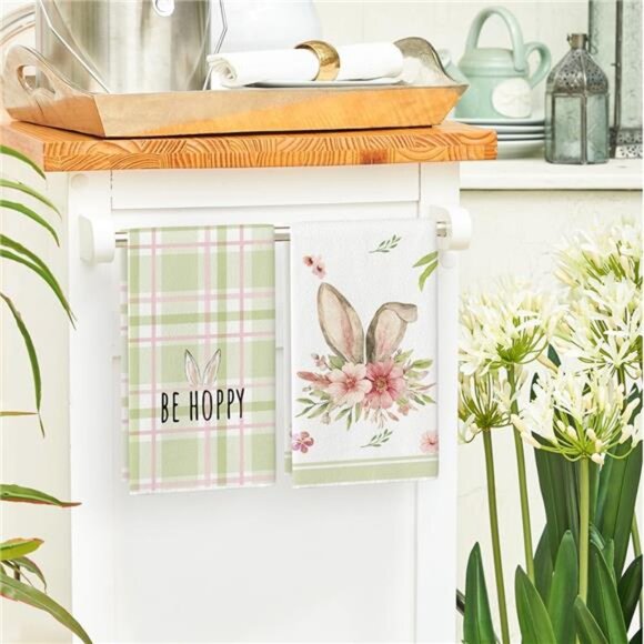 Green Bunny Rabbit Ears Floral Leaves Easter Kitchen Towels Dish - Picture 4 of 5